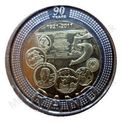 Five Rand, South Africa, 2011, 90th Anniversary, Bimetal, reverse