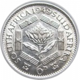SixPence, South Africa, 1949, Silver, reverse