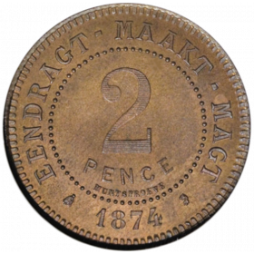 2P, Zuid-Afrikaansche Republiek, 1874, Bronze - Pattern Reverse