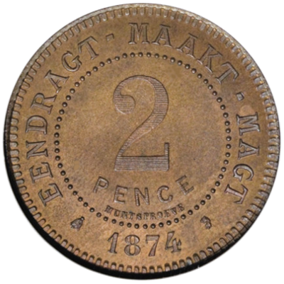 2P, Zuid-Afrikaansche Republiek, 1874, Bronze - Pattern Reverse