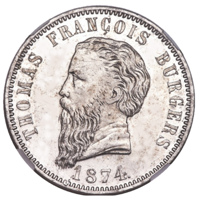 Five Shillings, Zuid-Afrikaansche Republiek, 1874, Aluminium Obverse