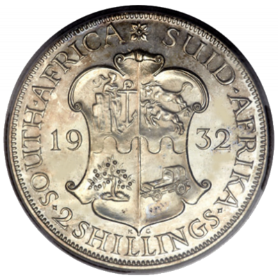 Two Shillings, South Africa, 1932, Silver reverse