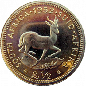 Ten Shillings, South Africa, 1952, Gold Reverse