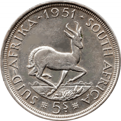 Five Shillings, South Africa, 1951, Silver Reverse
