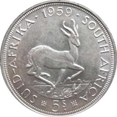 Five Shillings, South Africa, 1959, Silver Reverse