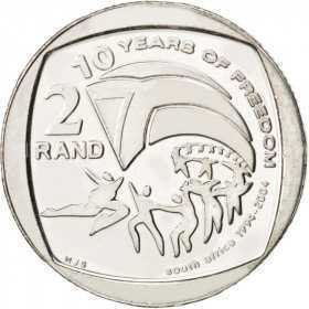 R2, South Africa, 2004, Nickel-plated Copper - Ten Years of Freedom Reverse