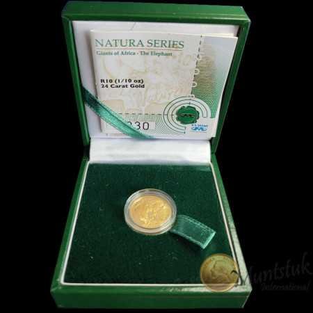 Natura - 2008 The Elephant(R10, 1/10 oz,  24 ct gold) Obverse in Box