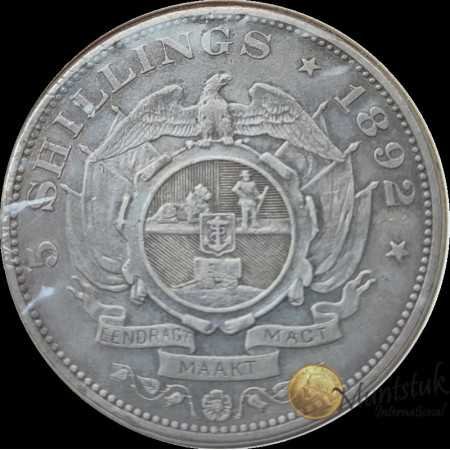 Five Shillings, Zuid-Afrikaansche Republiek, 1892, Silver - Single Shaft Reverse