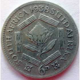 SixPence, South Africa, 1938, Silver