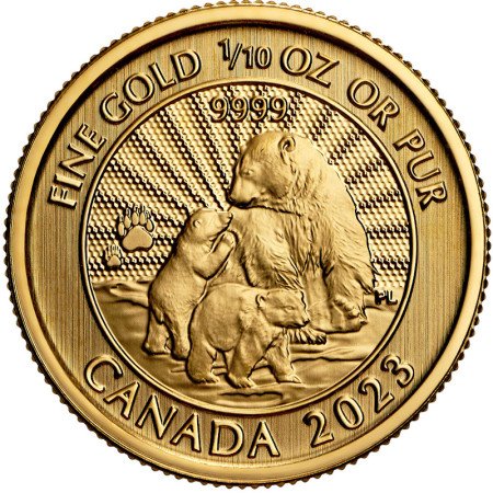 1/10 oz, Canada, 2023, 5 Dollards, Gold, Polar Bear and Cubs obverse