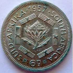 SixPence, South Africa, 1957, Silver