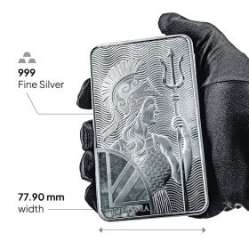 100 oz, UK, Silver - Britannia Fine Silver Bar in hand