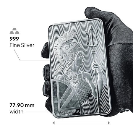 100 oz, UK, Silver - Britannia Fine Silver Bar in hand